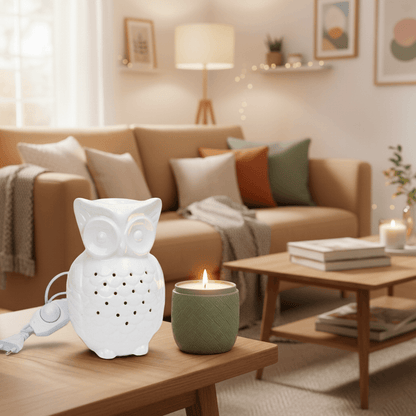 White owl-shaped diffuser on a wooden surface with a blurred background