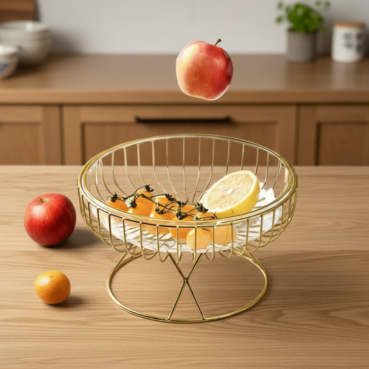 Gold wire fruit basket with fruits on a wooden table