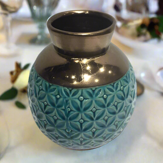 Azure & Glimmer: Textured Turquoise Blue and Gold Ceramic Vase