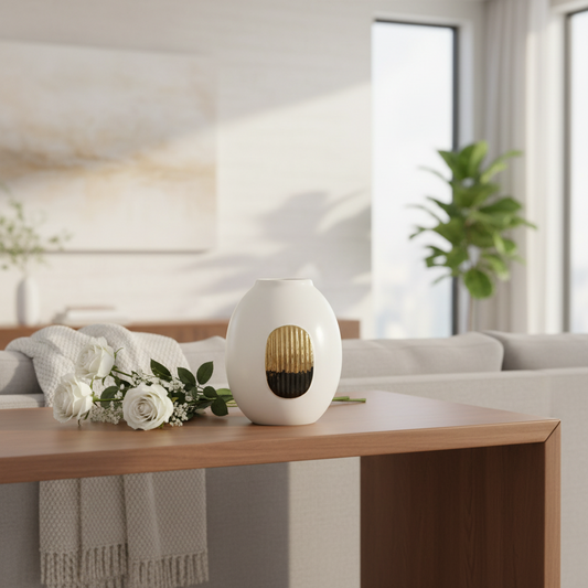 Decorative vase on a wooden table with a blurred indoor background