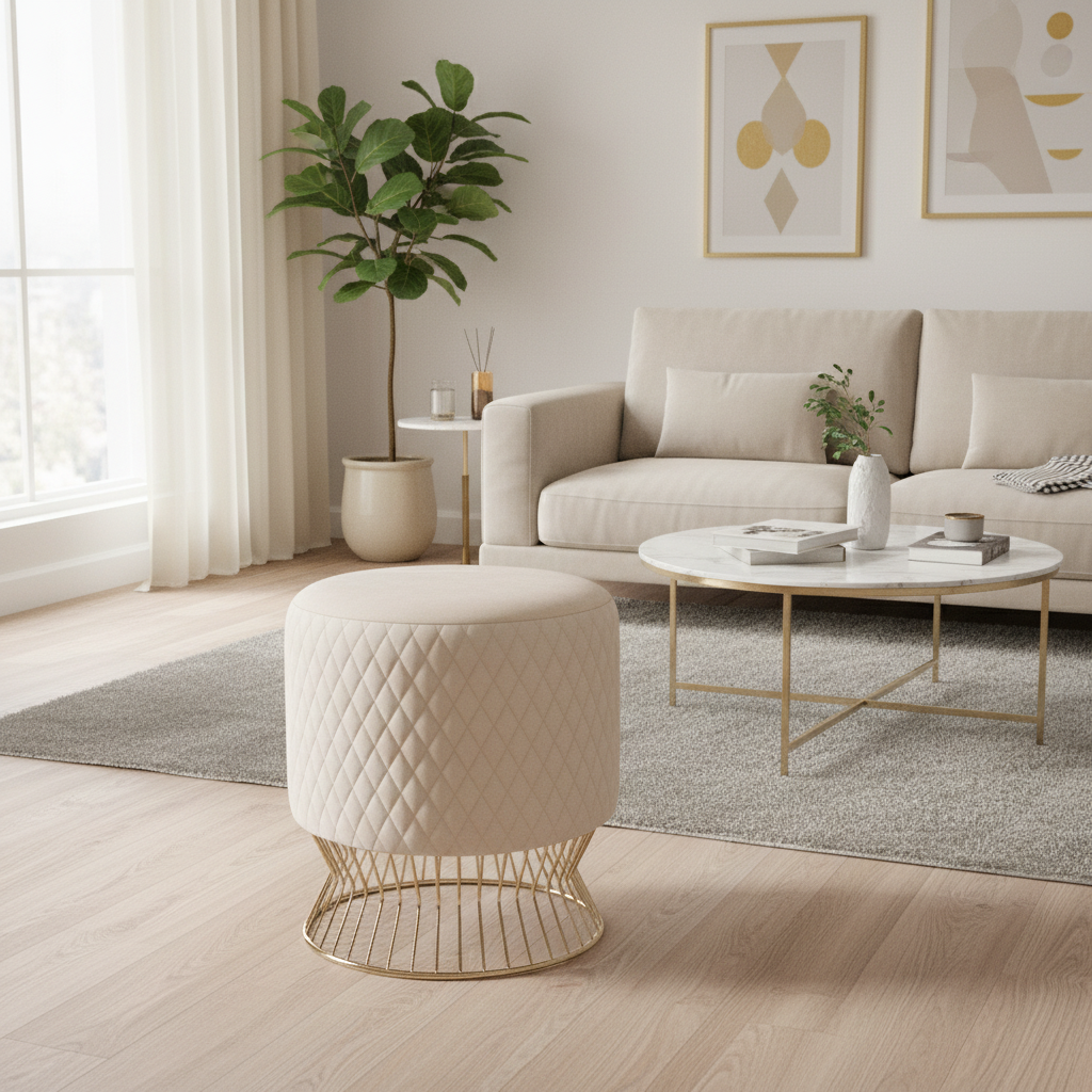 Modern living room with beige sofa, ottoman, and coffee table.