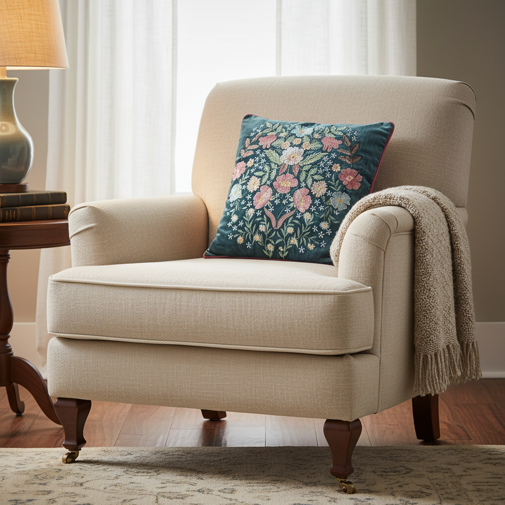 A classic beige upholstered armchair in a cozy room setting, featuring a teal floral throw pillow and a cream knit throw blanket draped over the arm.