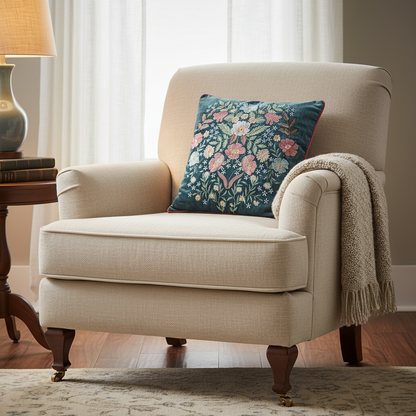A classic beige upholstered armchair in a cozy room setting, featuring a teal floral throw pillow and a cream knit throw blanket draped over the arm.