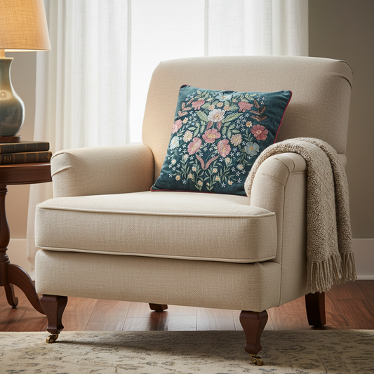 A classic beige upholstered armchair in a cozy room setting, featuring a teal floral throw pillow and a cream knit throw blanket draped over the arm.