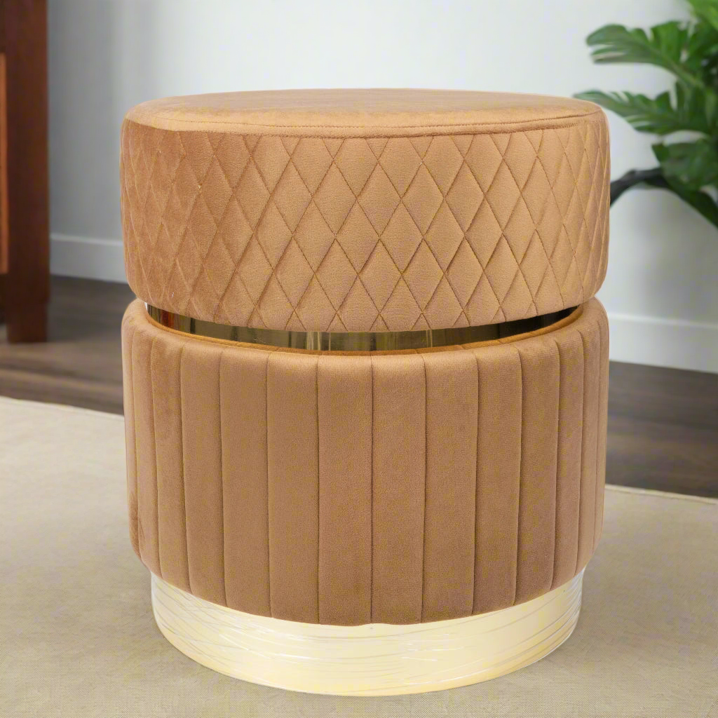 Glamorous Two-Tiered Velvet Ottoman in Camel