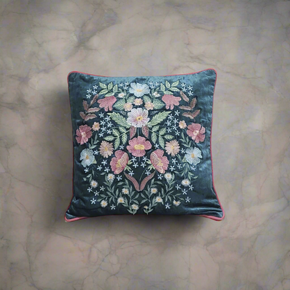 Opulent Bloom Embroidered Velvet Cushion Cover
