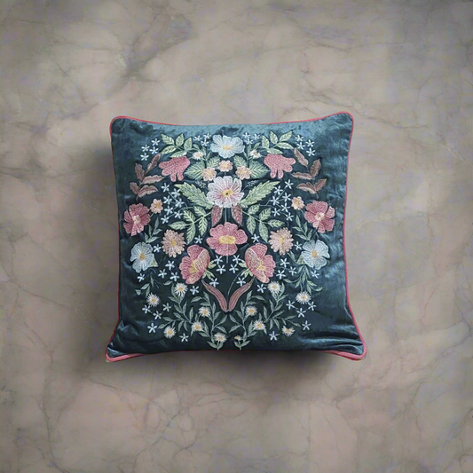 Opulent Bloom Embroidered Velvet Cushion Cover