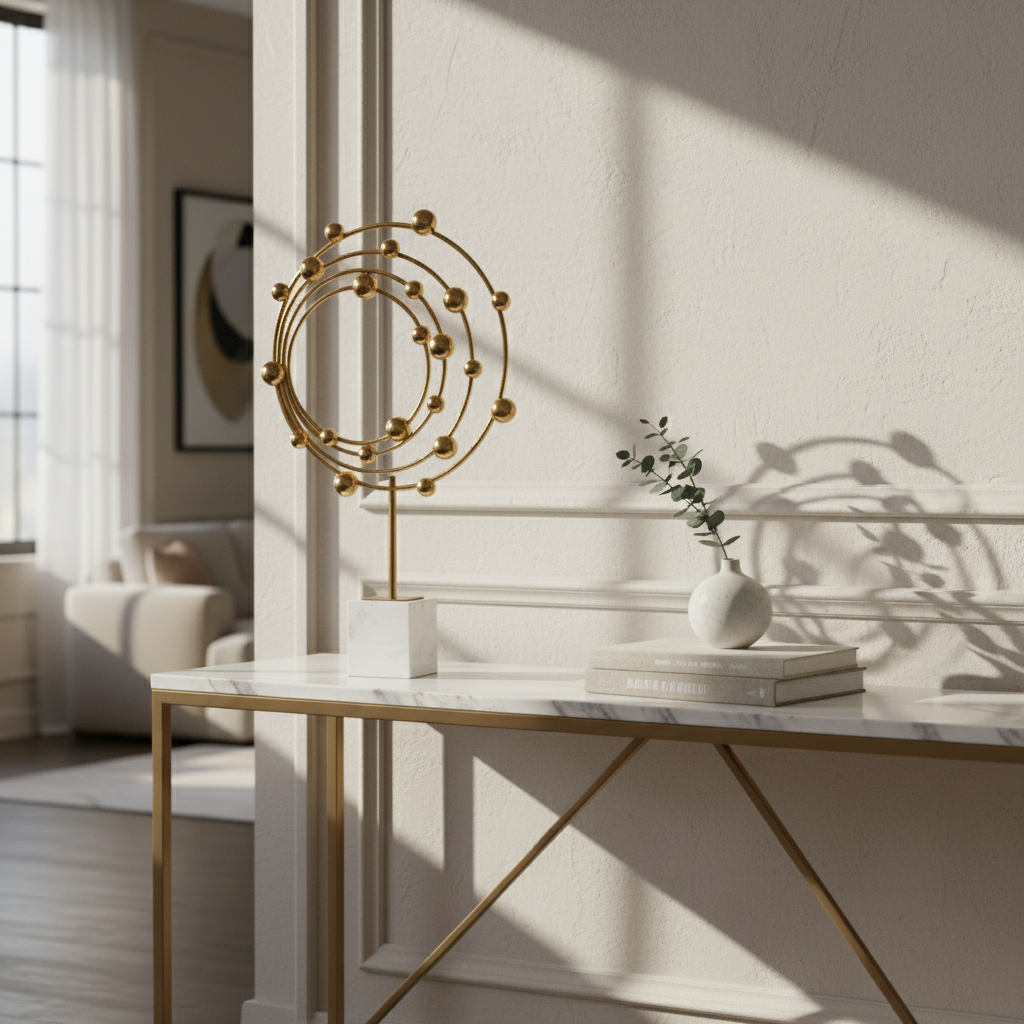 Decorative table with a gold and marble design in a bright room.