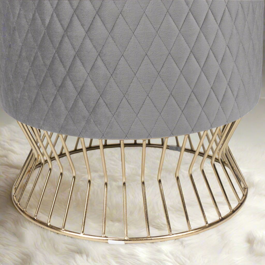 Elegant Gray Quilted Velvet Ottoman with Gold Base