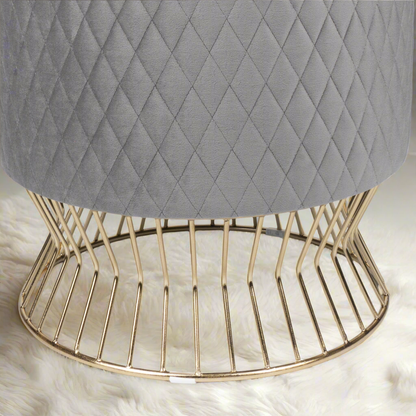 Elegant Gray Quilted Velvet Ottoman with Gold Base