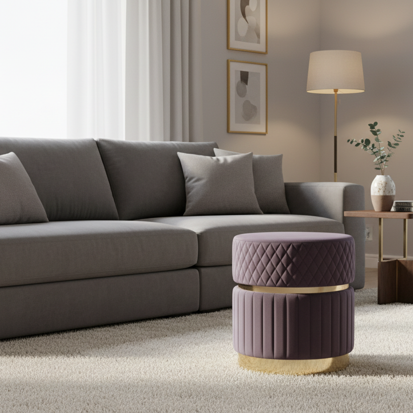 Gray sectional sofa in a living room with a decorative purple ottoman.