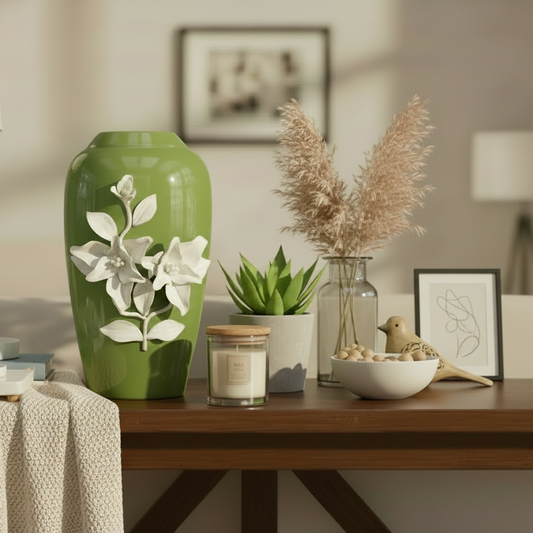 Green ceramic vase with floral design on a wooden table, with text describing product details.