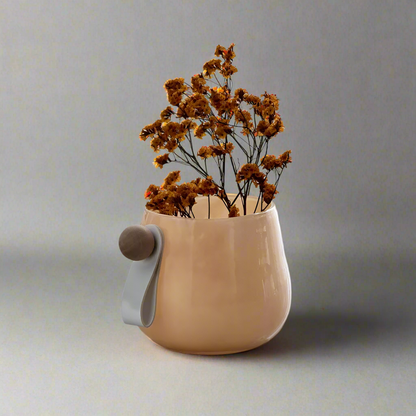 Modern Nordic Peach Glass Vase with Leather & Wood Accent