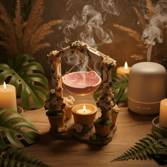 Decorative miniature garden swing with floral arch and potted plants on a light background