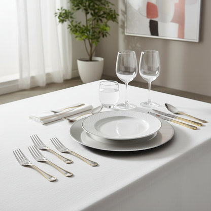 Dining table setting with plates, glasses, and cutlery on a white tablecloth.