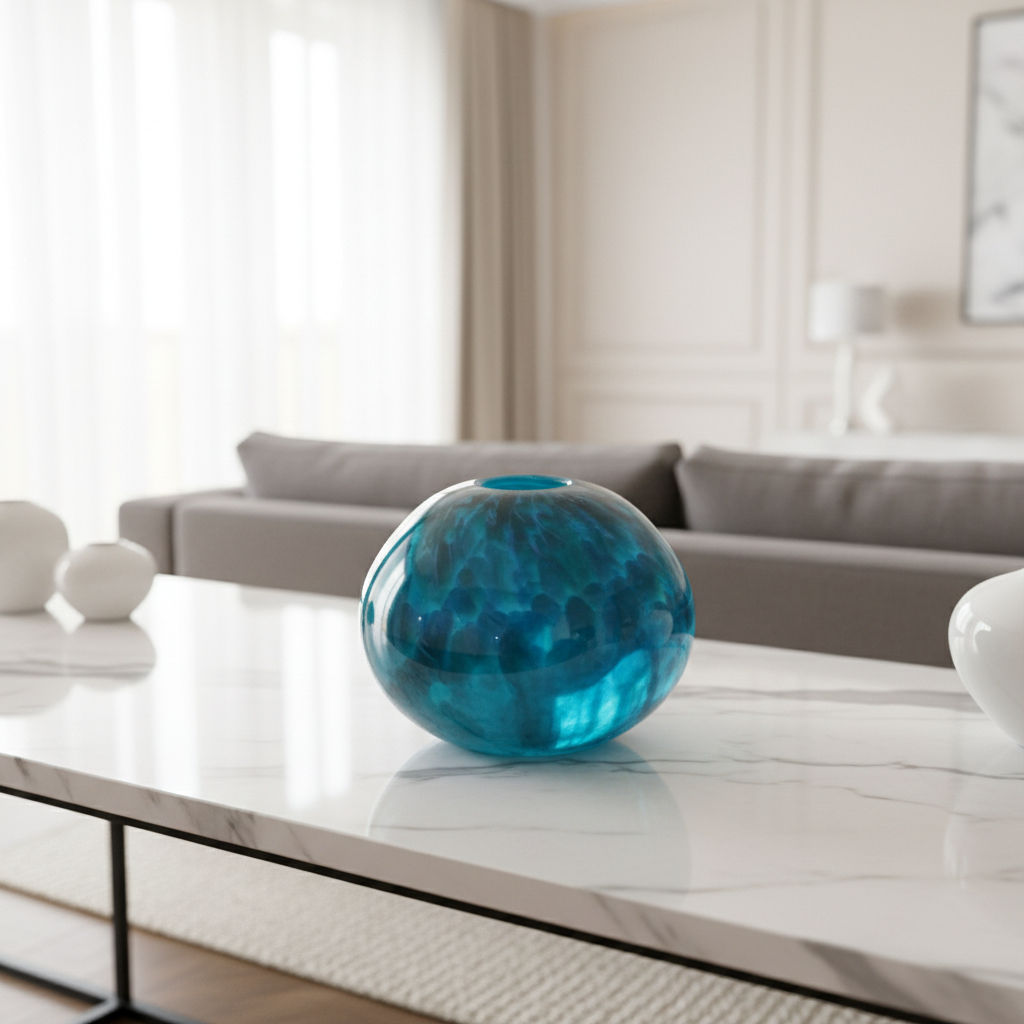 Glass orb with blue and green marbled pattern on a white surface