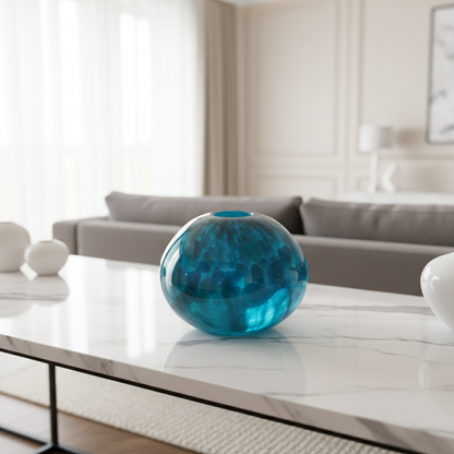 Glass orb with blue and green marbled pattern on a white surface