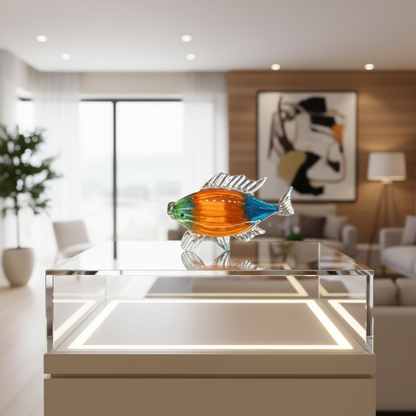 Colorful glass fish sculpture on a modern coffee table in a living room setting.