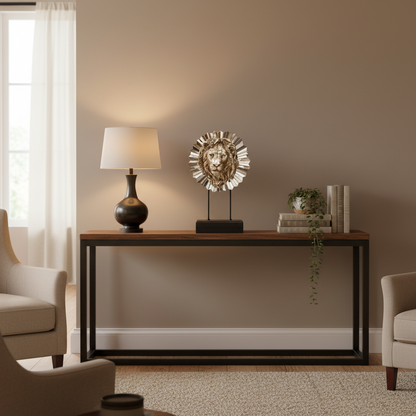 Modern living room with a console table, lamp, and decorative items.