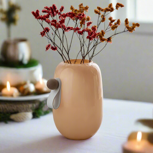 Modern Nordic Peach Glass Vase with Leather & Wood Accent (Large)