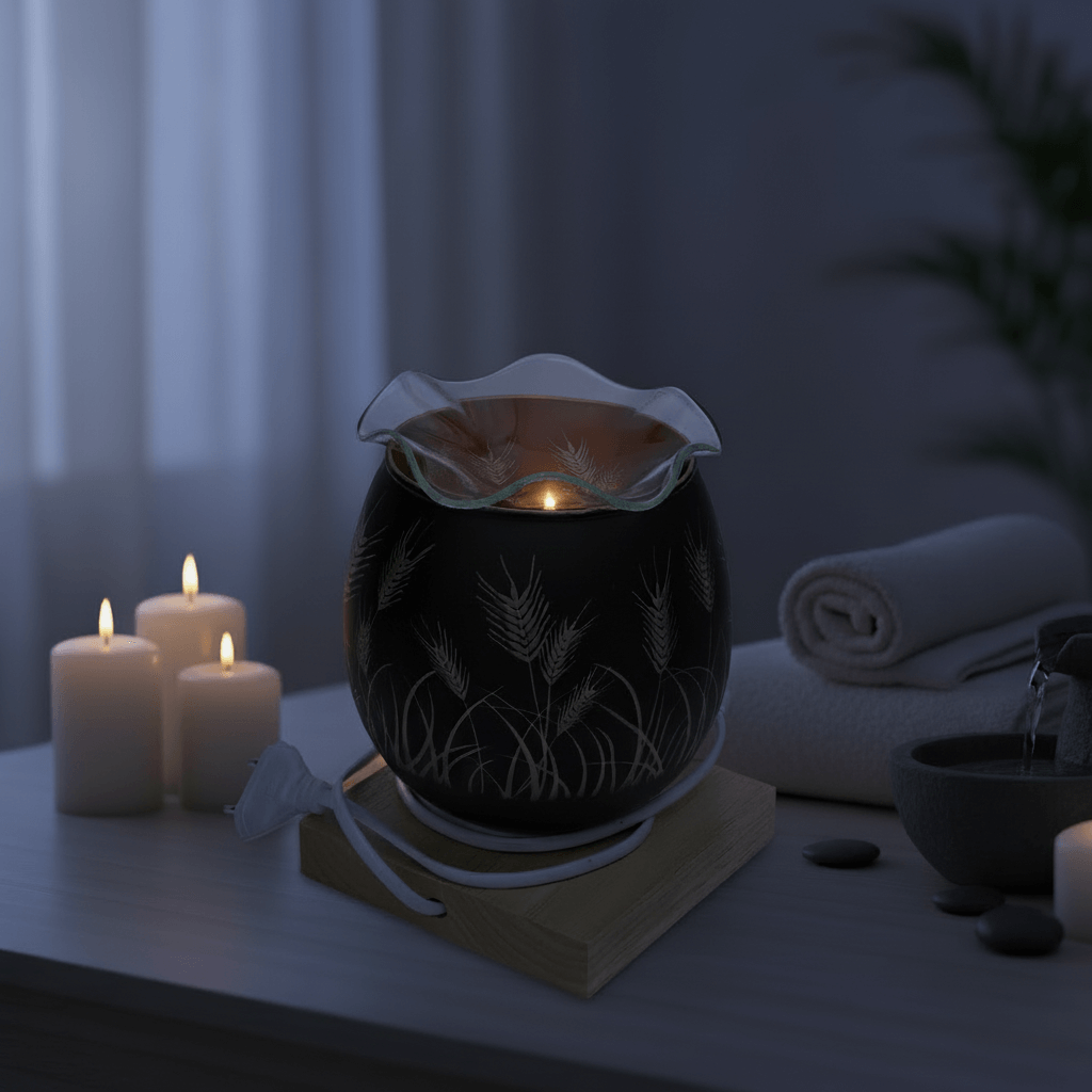 Aromatherapy diffuser on a wooden surface with candles and towels in the background