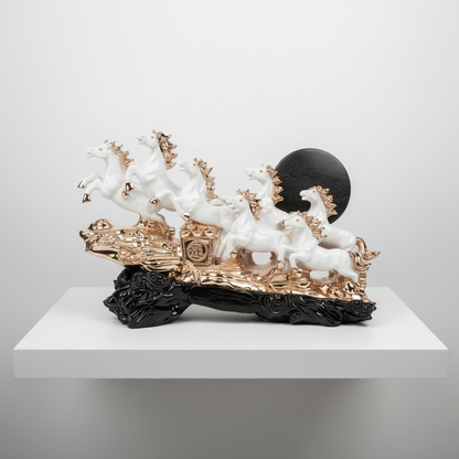 Decorative sculpture with white horses and gold and black details on a white background