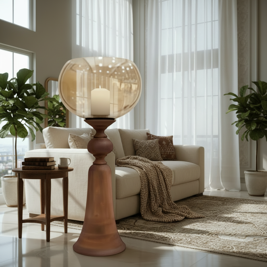 Living room with a large floor lamp, beige sofa, and decorative pillows.