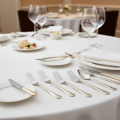 Dining table set with white plates, silverware, and glasses in a restaurant setting.