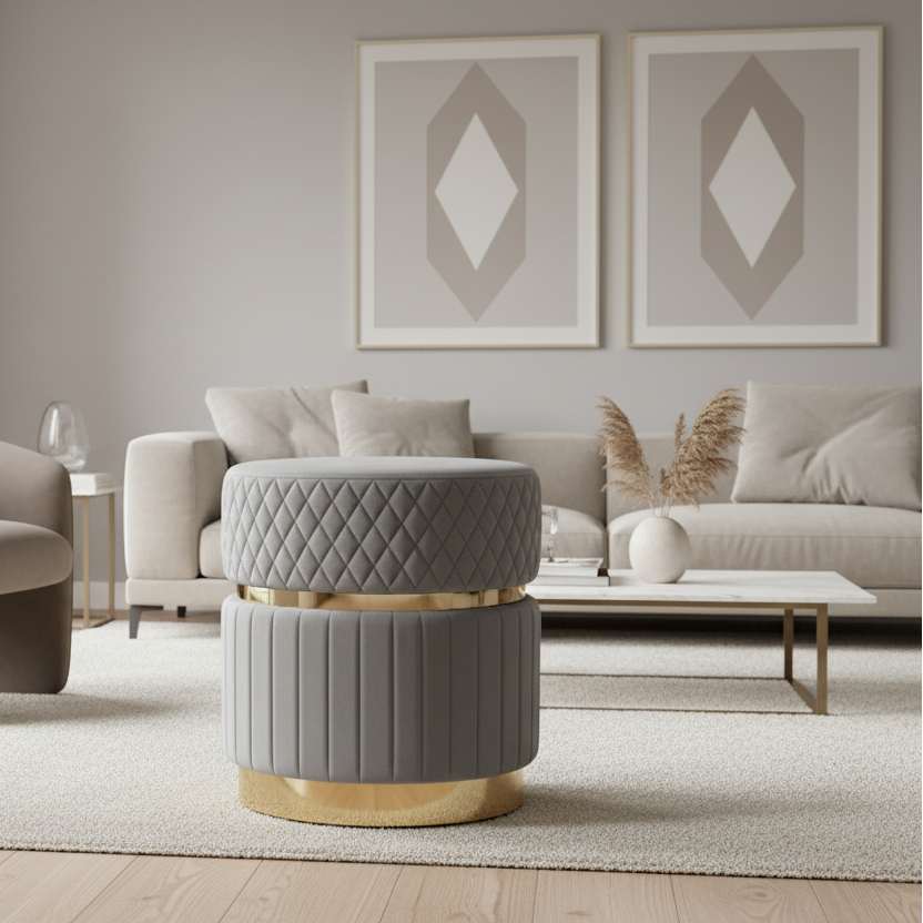 Modern living room with a gray ottoman and white sofa