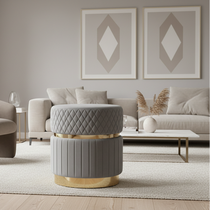 Modern living room with a gray ottoman and white sofa