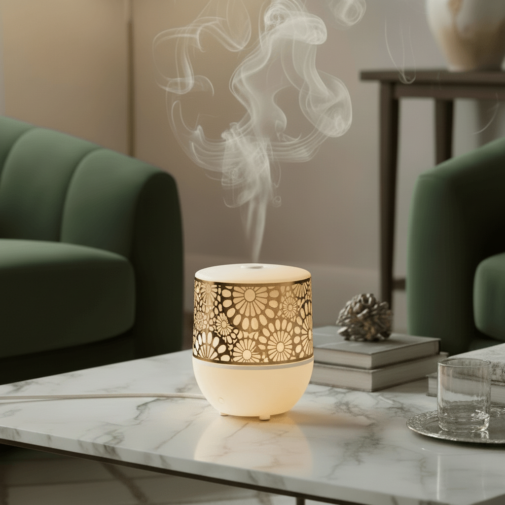 Decorative lamp with floral patterns on a marble table in a living room setting.