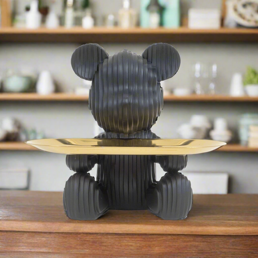 Sleek Bear Figurine with Golden Tray