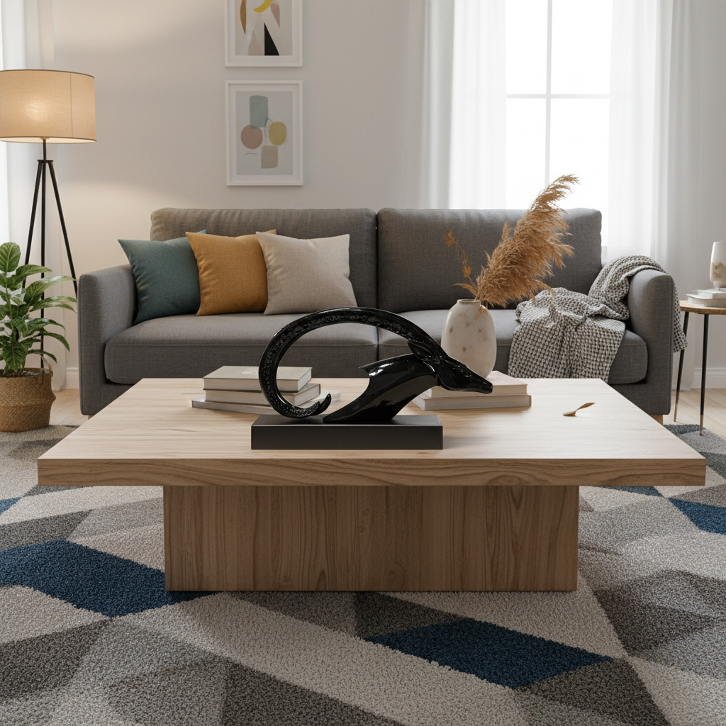 Modern living room with a gray sofa, wooden coffee table, and decorative items.