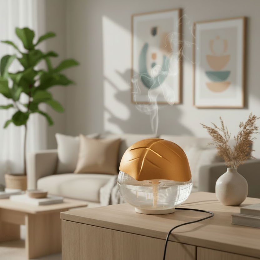 Gold humidifier on a wooden table in a living room with a couch, plants, and wall art.
