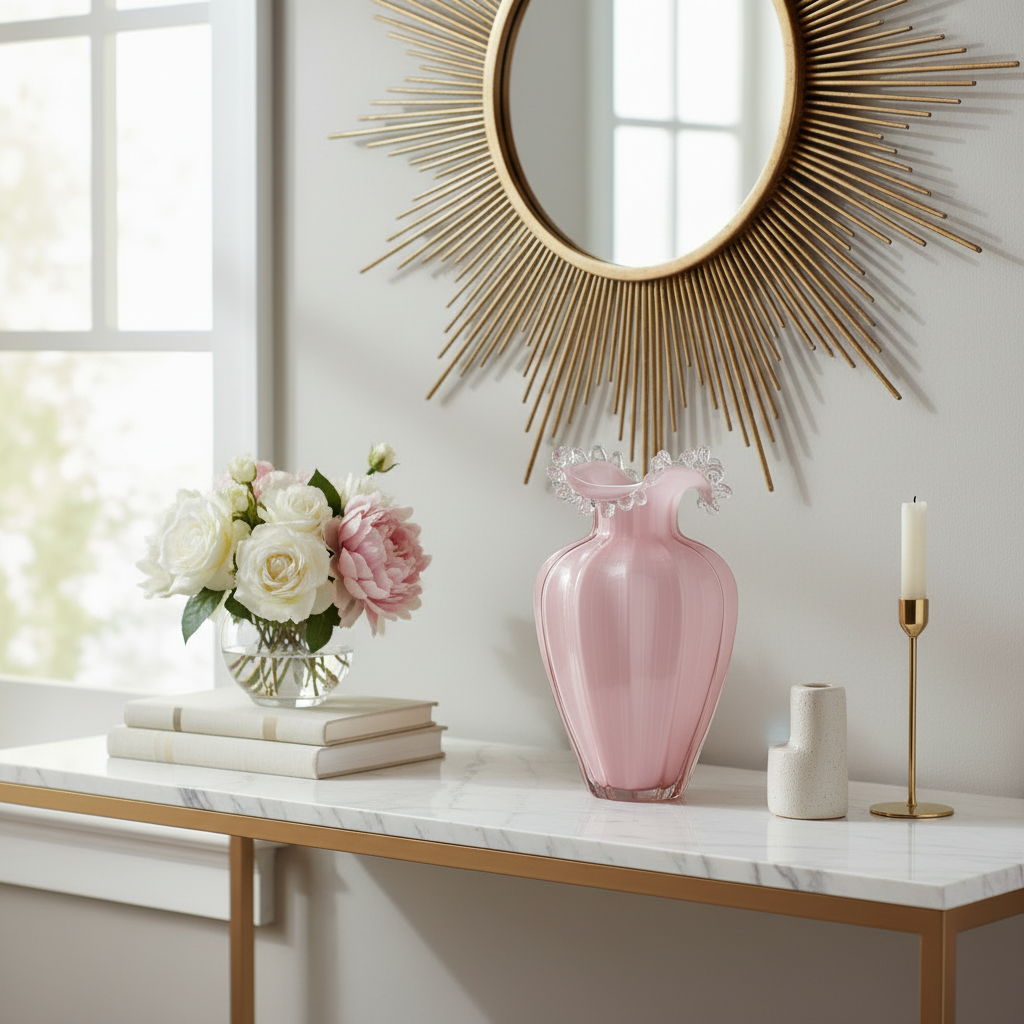 Decorative table with a pink vase, flowers, and a candle in a room with a sunburst mirror.