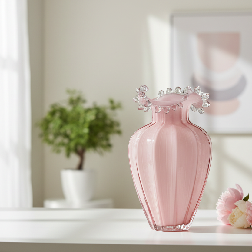 Pink glass vase on a white surface with a blurred background