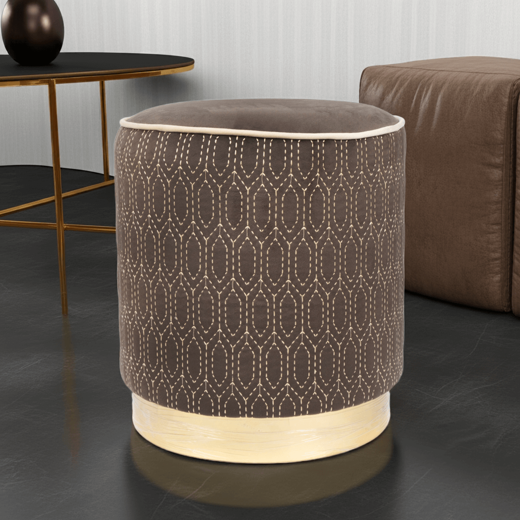 Elegant Geometric Velvet Ottoman in Chocolate featuring a honeycomb pattern and cream stitching.