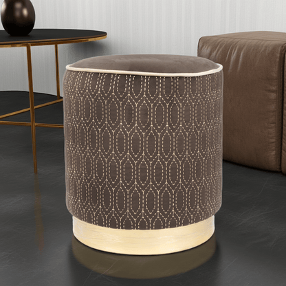Elegant Geometric Velvet Ottoman in Chocolate featuring a honeycomb pattern and cream stitching.