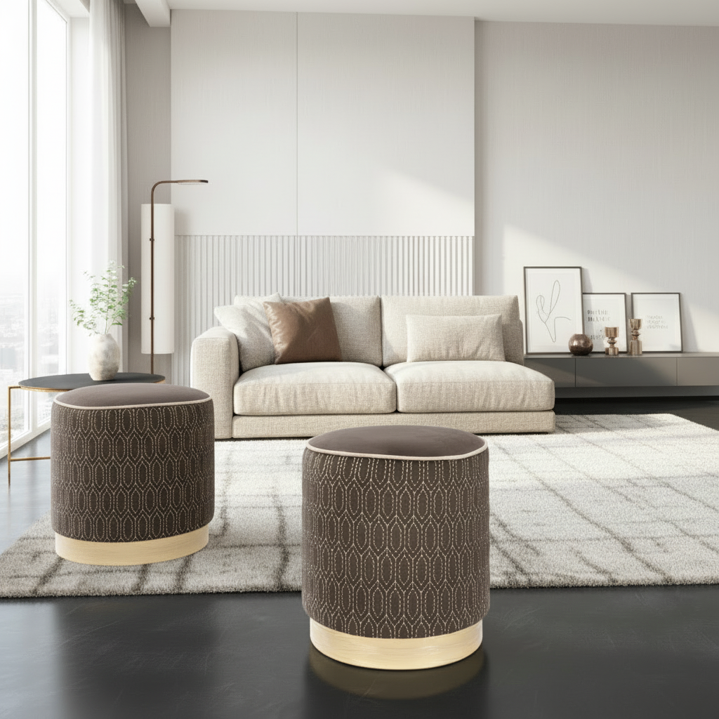 Elegant Geometric Velvet Ottoman in Chocolate