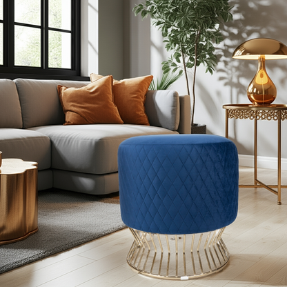 Chic Navy Velvet Pouf with a Gold Abstract Base