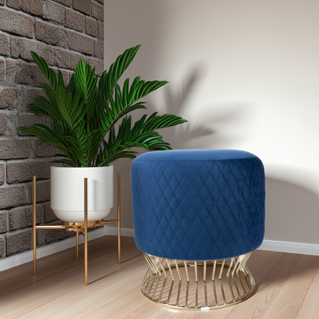 Chic Navy Velvet Pouf with a Gold Abstract Base