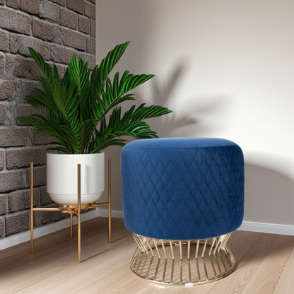 Chic Navy Velvet Pouf with a Gold Abstract Base