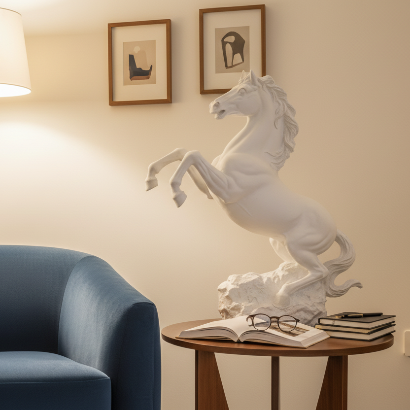 Modern living room with a blue armchair, wooden table, and decorative horse sculpture.