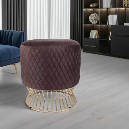 Luxurious Dark Brown Quilted Velvet Ottoman with Gold Base
