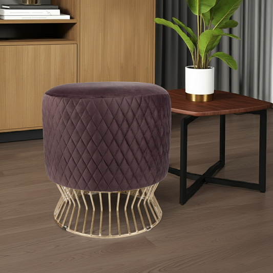Luxurious Dark Brown Quilted Velvet Ottoman with Gold Base
