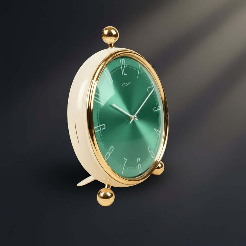 Alarm clock with green face and gold accents on a white background