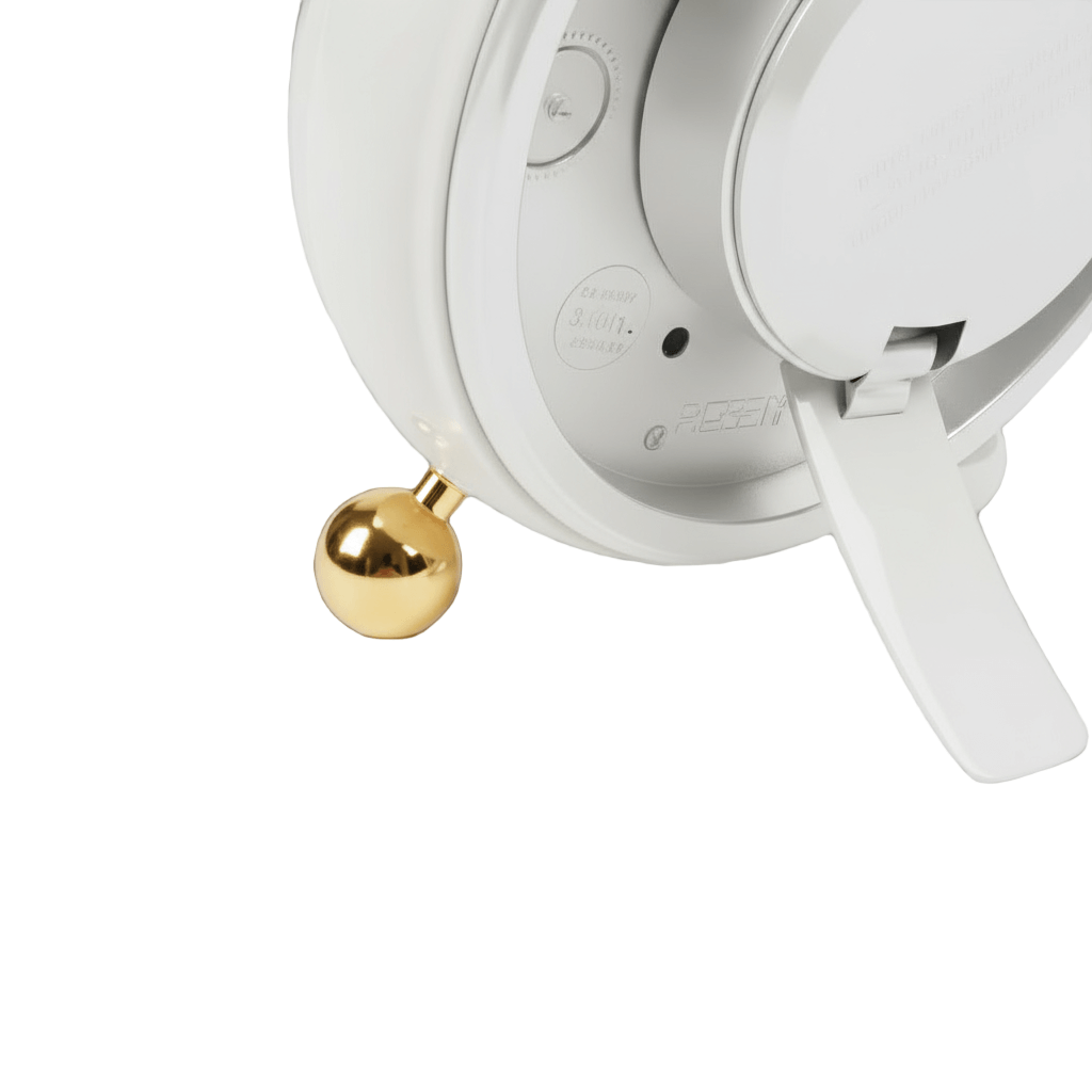 White electronic device with a gold spherical object on a white background