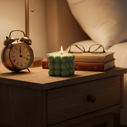 Nighstand with alarm clock, candle, and books next to a bed