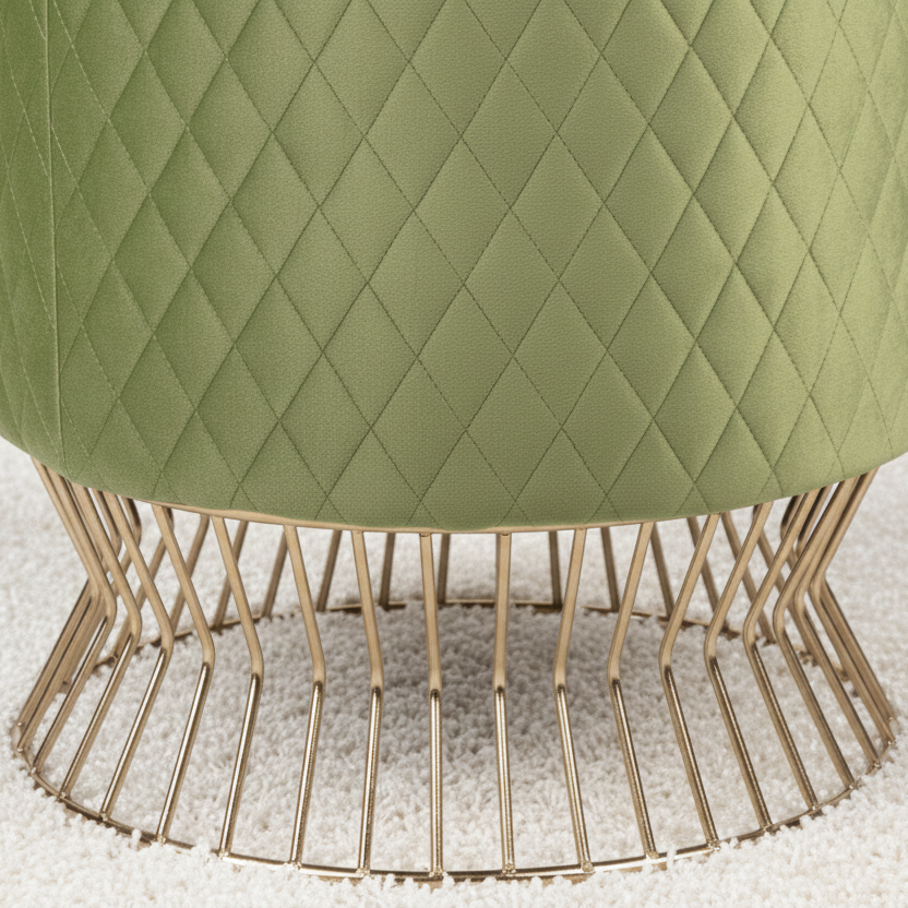 Green quilted stool with a metal base on a light background