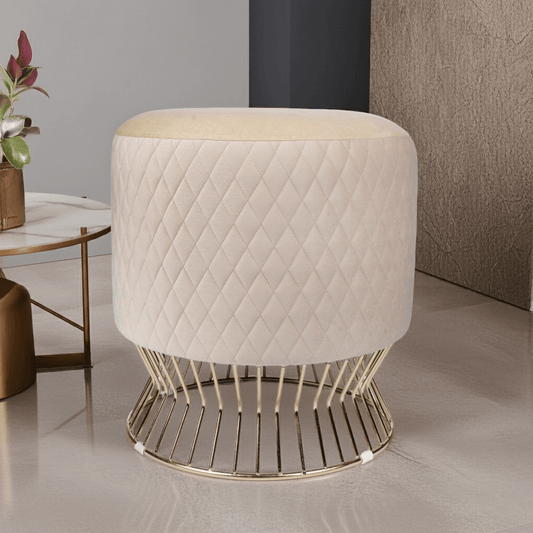 Elegant Beige Velvet Quilted Ottoman with Gold Wireframe Base